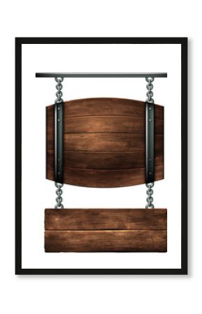 Sign design for a pub or wine bar in the form of a barrel on chains. High detailed realistic illustration.