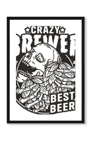 Beer print with skull and hop. Skeleton with hop in bone hands for brewery or bar. Craft beer vector logo or monochrome emblem for design label of pub and beer store.