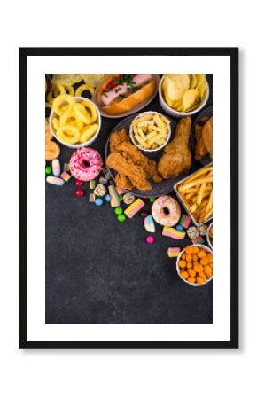 Assortment of various unhealthy junk food.