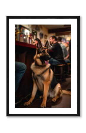 Friendly German Shepherd at pub, happy dog on barstool, warm and inviting atmosphere, beer bottle and lively chatter, generative AI