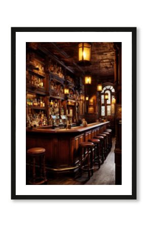 Traditional British-style bar with wooden paneling, vintage decor, and a cozy atmosphere for socializing and drinks , Generative Ai