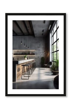 illustration, pub style loft with gray walls and concrete floor, ai generative