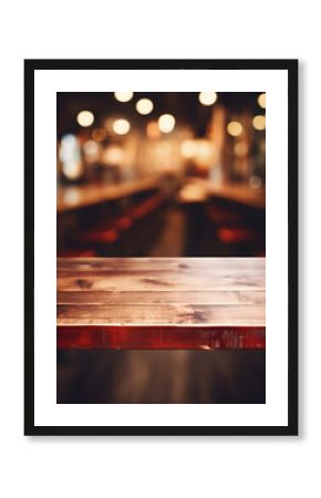 Empty wooden table with blurred background with bokeh lights