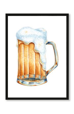 Watercolor illustration of beer with foam in a glass mug. Harvest festival, Oktoberfest beer festival. Composition for posters, postcards, banners, flyers, covers, posters and other printing products.