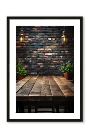 empty wooden table with dark brick wall background