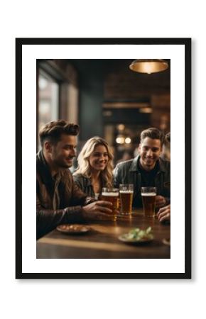 Happy group of friends in a bar, drinking beer, sharing a time and laughter.