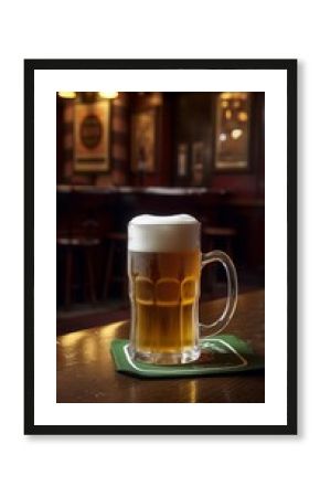 Mug of beer with foam frothy head on wooden table in an English pub background, exuding a warm and inviting atmosphere.