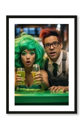 A man and woman with green hair and glasses. Generative AI.