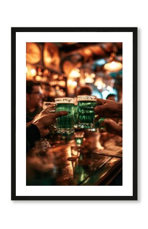 Friends toasting with green beer in a festive St. Patrick's Day pub