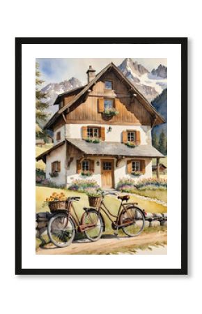 Impressionist Watercolor Painting of a Remote Alpine Chalet with Cozy Pub, Barn, and Vintage Bicycle Gen AI