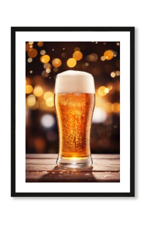 close-up of a pint of beer with bubbles rising to the surface and blurred pub background