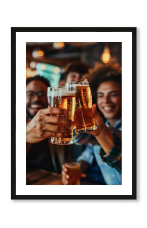 Group of happy friends drinking and toasting beer at brewery bar restaurant. Friendship concept with young people having fun together at cool pub.