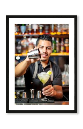 vertical image of male Bartender pouring a Margarita Cocktail with Fresh Lime at a Modern Bar