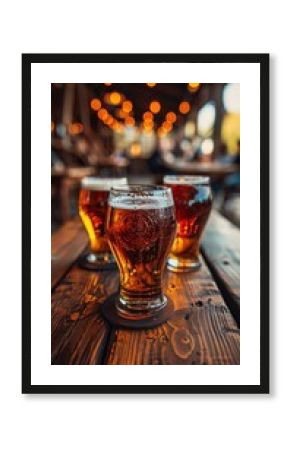 Glass of beer on a wooden table with more glasses and bokeh lights in background