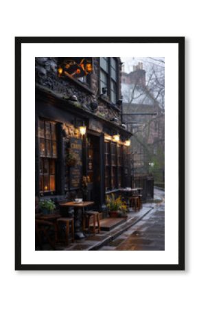 Traditional English pub and cafe in the rain