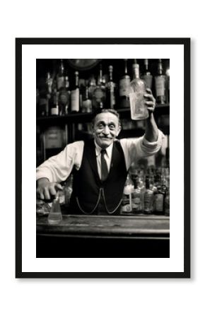 A cheerful vintage bartender raises a bottle behind a classic bar filled with assorted liquor bottles, capturing the lively and nostalgic atmosphere of an old-time pub with his warm, welcoming smile.