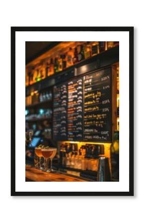 A cocktail menu board will be displayed. with a list of drinks and prices