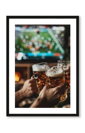 Beer toast during a soccer match on a blurry bar background