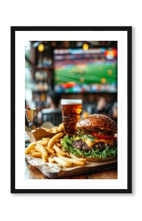 Classic fast food meal with burger, fries and a drink on a blurry screen background with a soccer match