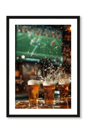 Pint of beer on a bar counter with TV showing a soccer match in blurred background. Vertical Banner