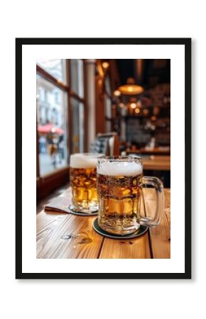 Golden Beer in Transparent Mugs on a Wooden Table at a Cozy Pub