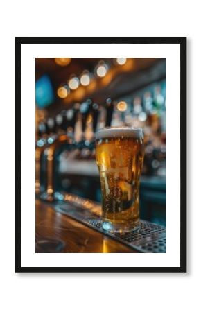 A glass of beer sitting on a wooden bar, perfect for a pub or restaurant setting