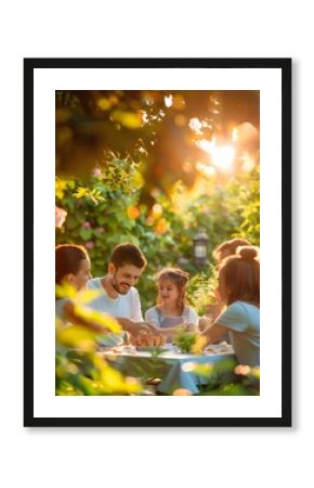 cheerful family having fun, sitting at the table at summer garden in leafy inner courtyard under the evening sun rays