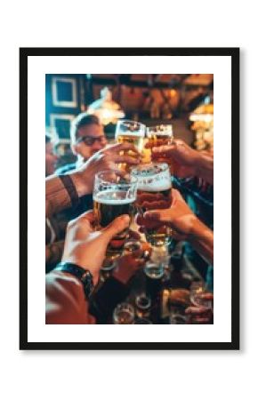 Group of friends celebrating by toasting with draft beer mugs at crowded bar. Lively atmosphere.