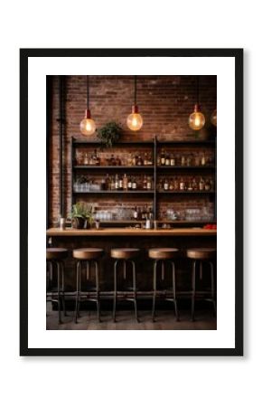 A bar area featuring a row of stools against an exposed brick wall. The industrial chic decor creates a trendy and urban atmosphere in the space