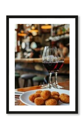 Fried bites and glasses of red wine on a table at a restaurant