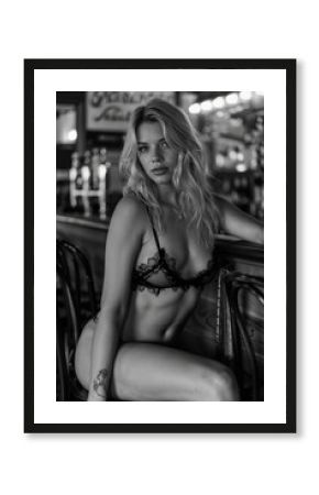 Jeune femme sexy en tenue légère assise au comptoir d'un bar de nuit