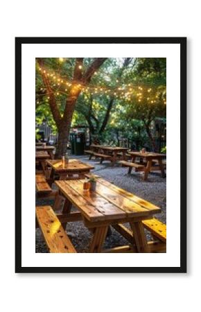 Charming Outdoor Beer Garden With Long Wooden Tables Under The Shade Of Trees