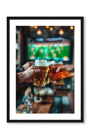 Beer toast during a soccer match on a blurry bar background
