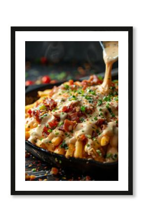 Loaded fries with melted cheese and bacon in a skillet.