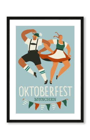 Oktoberfest, beer festival. Dancing young couple hands holding hands in the form of a pretzelCharacters in German national dress. Vector flat illustration.