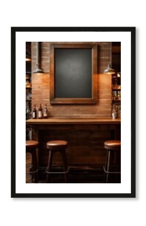 Bar picture canvas mockup. A cozy bar interior featuring a wooden counter with three stools, a large empty picture frame mockup on the wall, and warm lighting. 