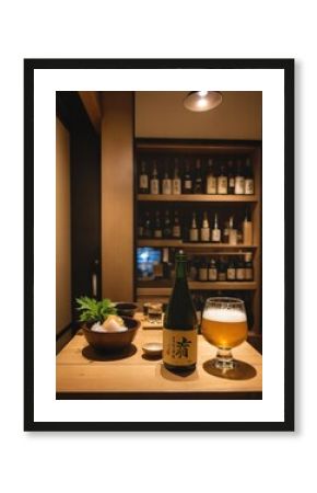 Japanese sake bar with wooden shelves filled with bottles of various alcoholic drinks