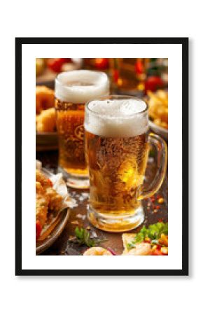 Cold beer with snacks. AI generative.