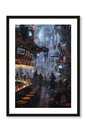  a bustling cyberpunk city street at night, with a bar in the foreground and towering skyscrapers in the background.