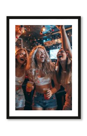 Women enjoying a lively dance while engaging in a video game at a tavern.