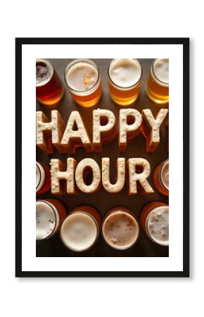 Several glasses of beer surround the phrase "Happy Hour," highlighting a social, celebratory moment centered around drinks and fun