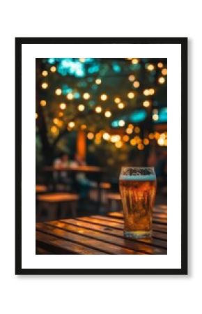 Cold beer standing on a table in a cosy pub garden in the evening