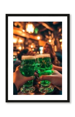 Friends toasting green beer in a pub for saint patrick's day