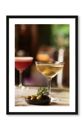 Set of various cocktails on bar counter. Assortment of alcoholic cocktails on restaurant bar