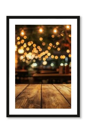 Image of wooden table in front of abstract blurred restaurant lights background - ai