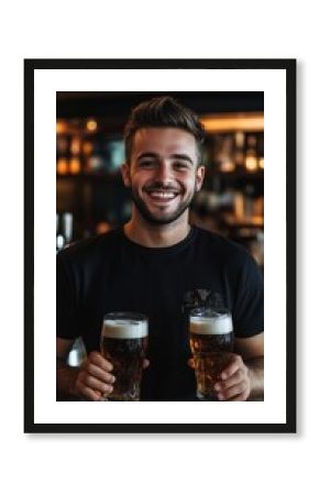 A cheerful man with a beard smiling while holding two glasses of beer in a cozy pub environment.