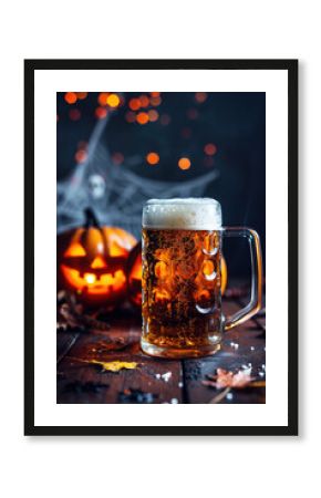 Dark Halloween vertical poster or banner with beer mug on black background inside a pub. Wooden table, pumpkin and spider web decor. Template with copy space for party invitation flyer, stories cover.