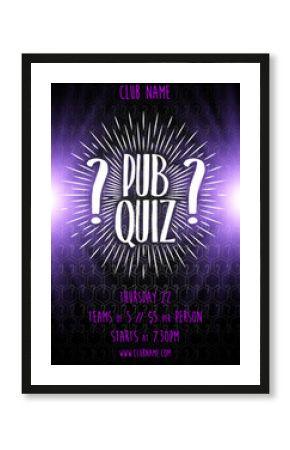 Quiz night announcement poster design web banner background vector illustration. Pub quiz held in a pub or bar, night club. Modern pub team game. Questions game shining retro light banner