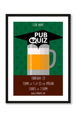 Pub quiz with beer cup. Quiz night announcement poster design web banner background vector illustration. Modern pub team game. Questions game