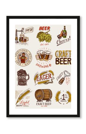 Bottle of beer in hand with the inscription Cheers toast. Rye and wheat. Set of Vintage labels and badges for poster. Hand drawn engraved sketch for pub menu.